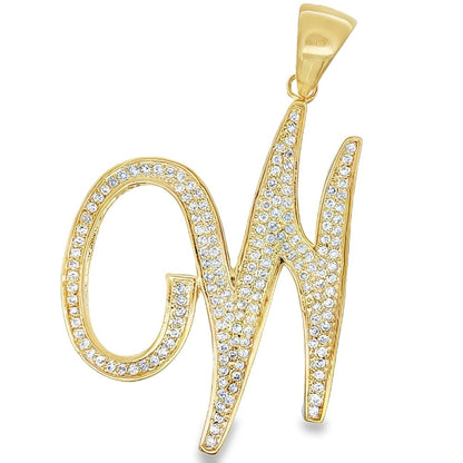 Gold Flat Cursive Initial Letter CZ Iced Out Pendant