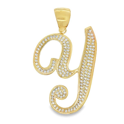 Gold Flat Cursive Initial Letter CZ Iced Out Pendant