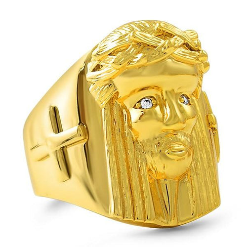 Gold Jesus Piece Ring with Cross