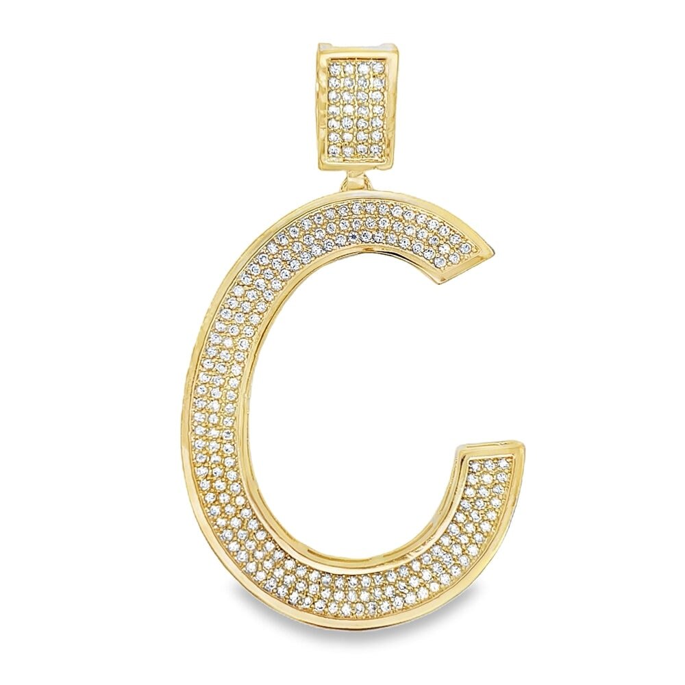 Gold Large Block Initial Letter CZ Iced Out Pendant
