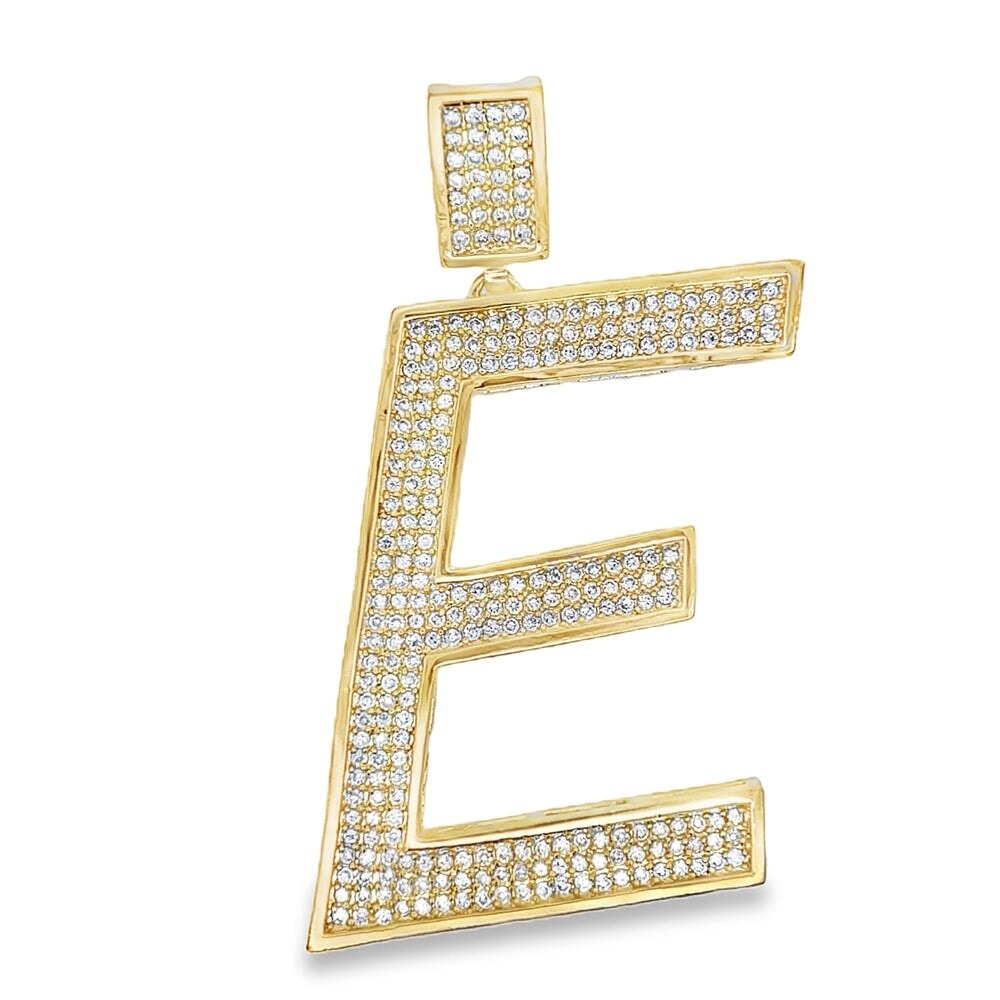 Gold Large Block Initial Letter CZ Iced Out Pendant