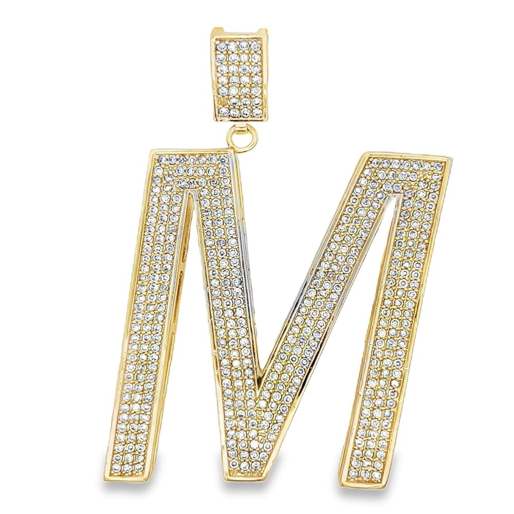 Gold Large Block Initial Letter CZ Iced Out Pendant