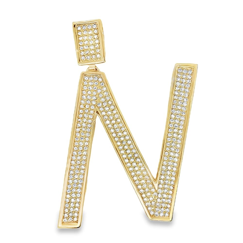 Gold Large Block Initial Letter CZ Iced Out Pendant