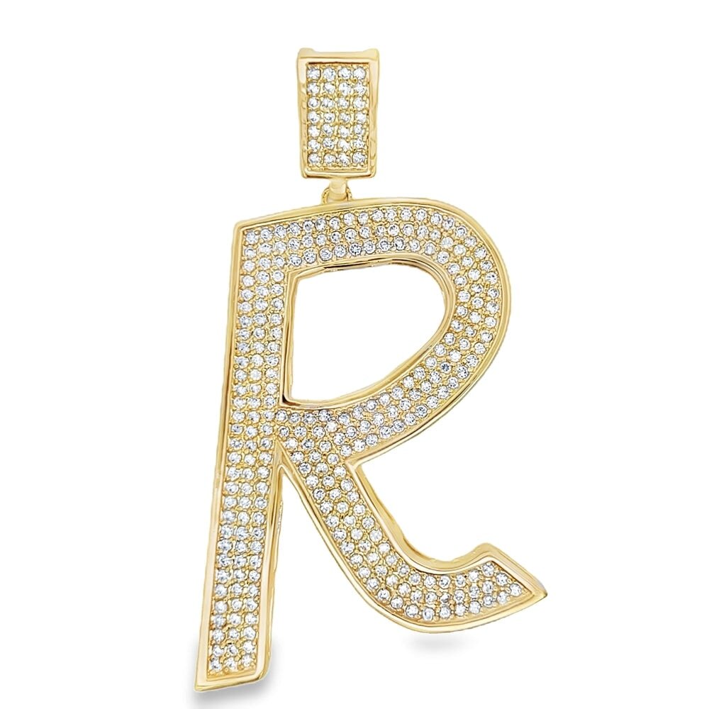 Gold Large Block Initial Letter CZ Iced Out Pendant