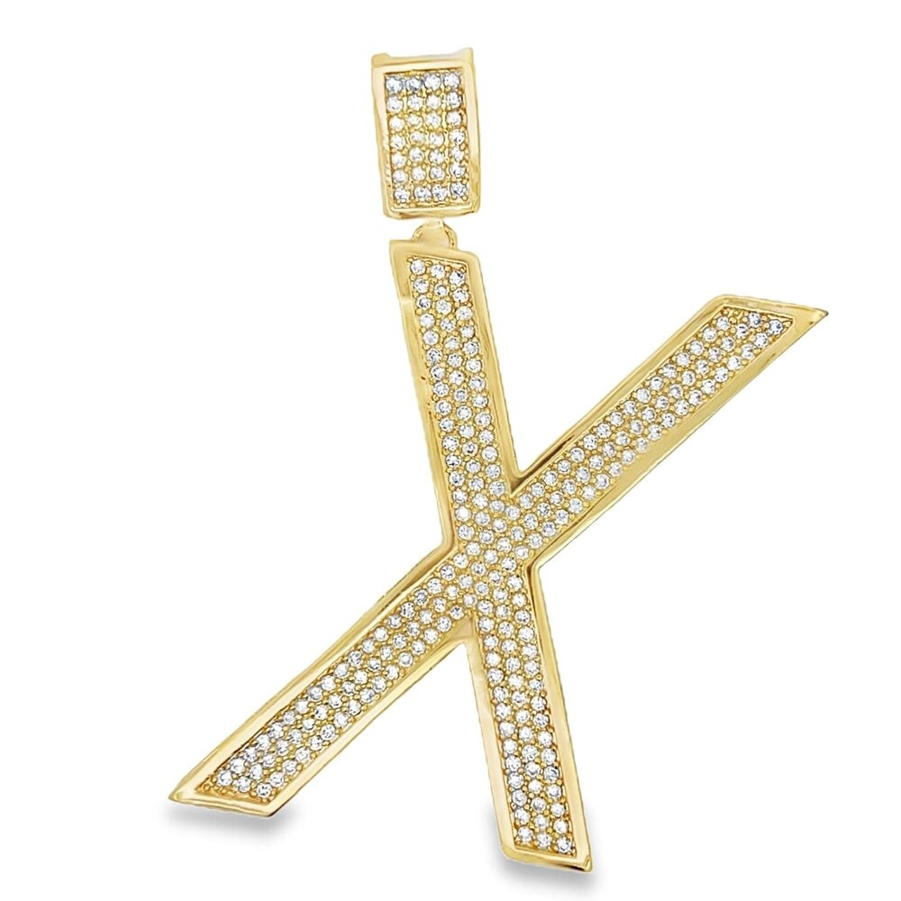 Gold Large Block Initial Letter CZ Iced Out Pendant