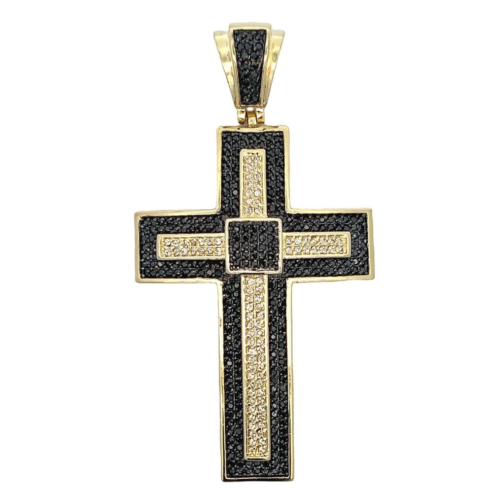 Gold Layered Black & Yellow CZ Iced Out Cross Pendant