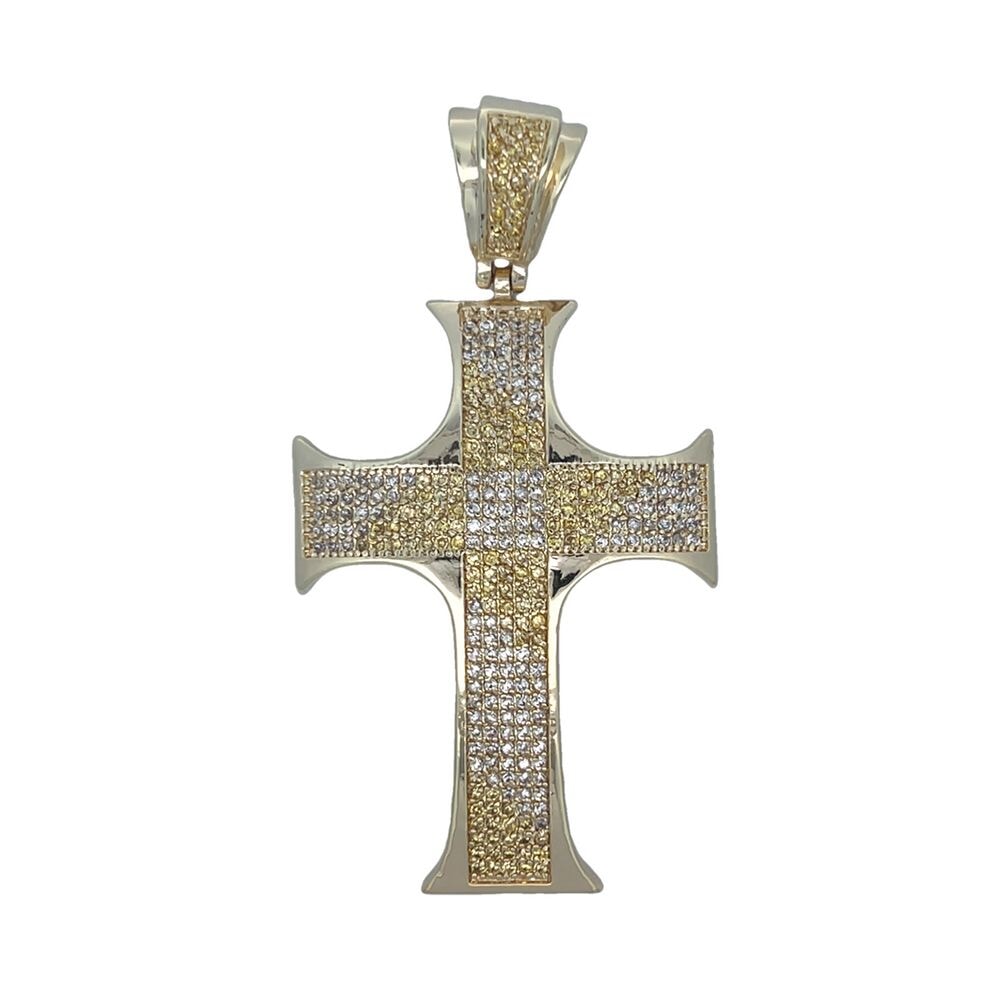 Gold Pointy Edges Yellow White CZ Cross Iced Out Pendant