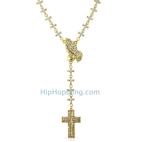 Gold Praying Hands Fully Iced Out Cross Link Rosary Necklace