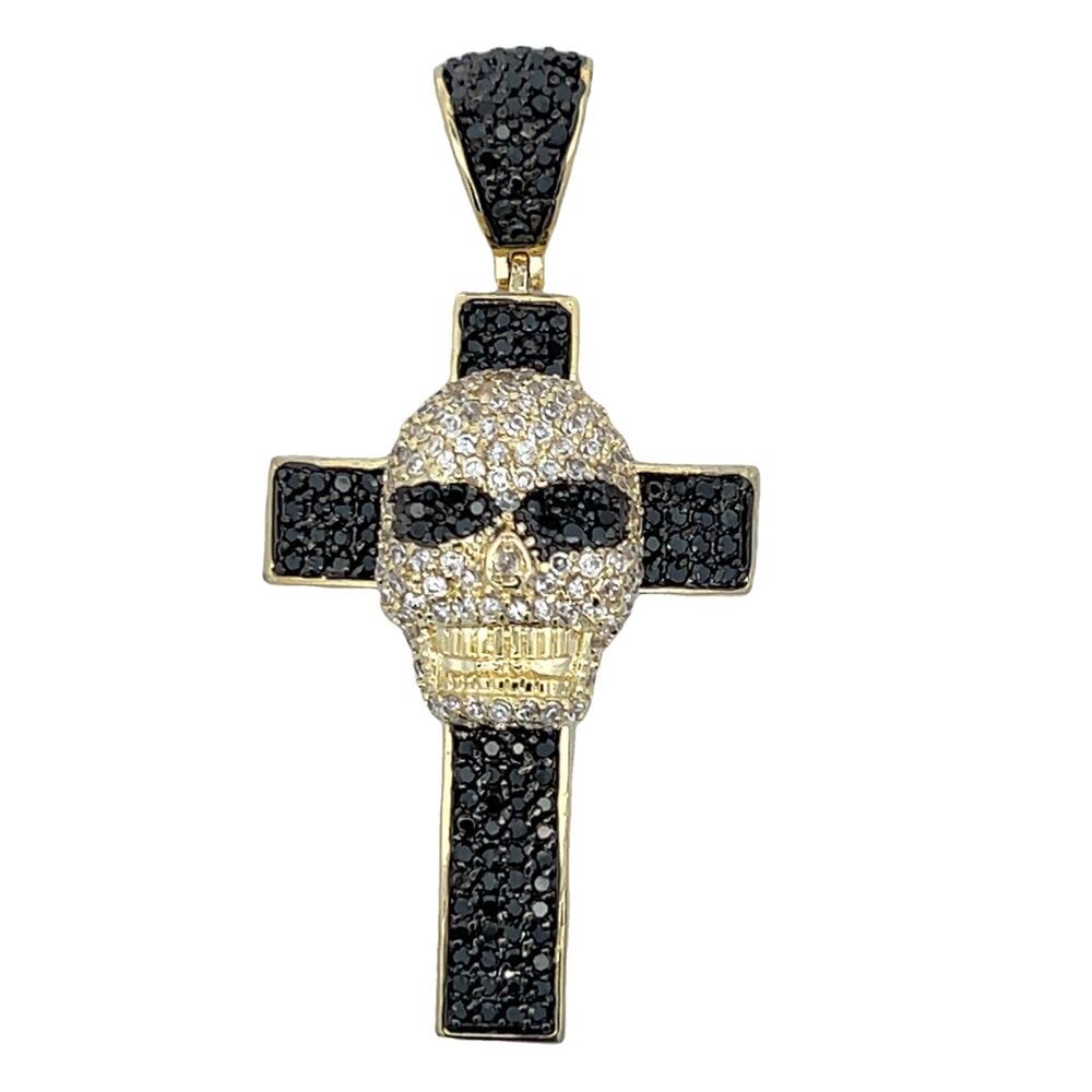 Gold Skull Cross Black CZ Iced Out Pendant