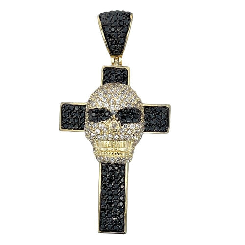 Gold Skull Cross Black CZ Iced Out Pendant