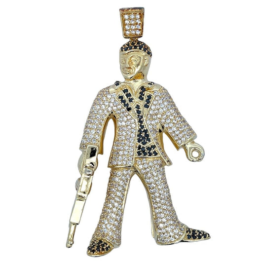 Gold Suit Guy with Gun Black & White CZ Iced Out Pendant