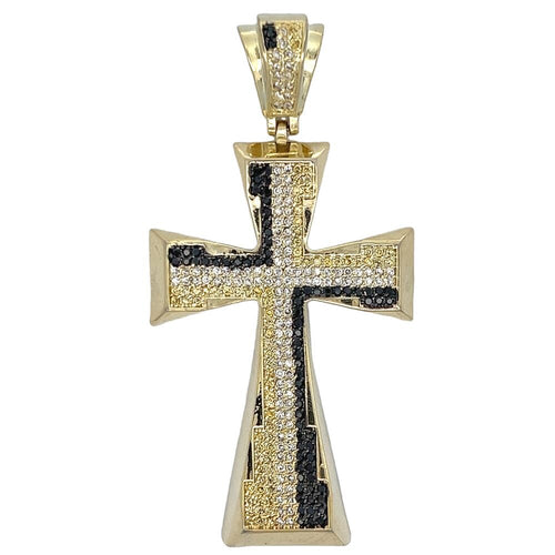 Gold Tapered Cross White Black & Yellow CZ Iced Out Pendant