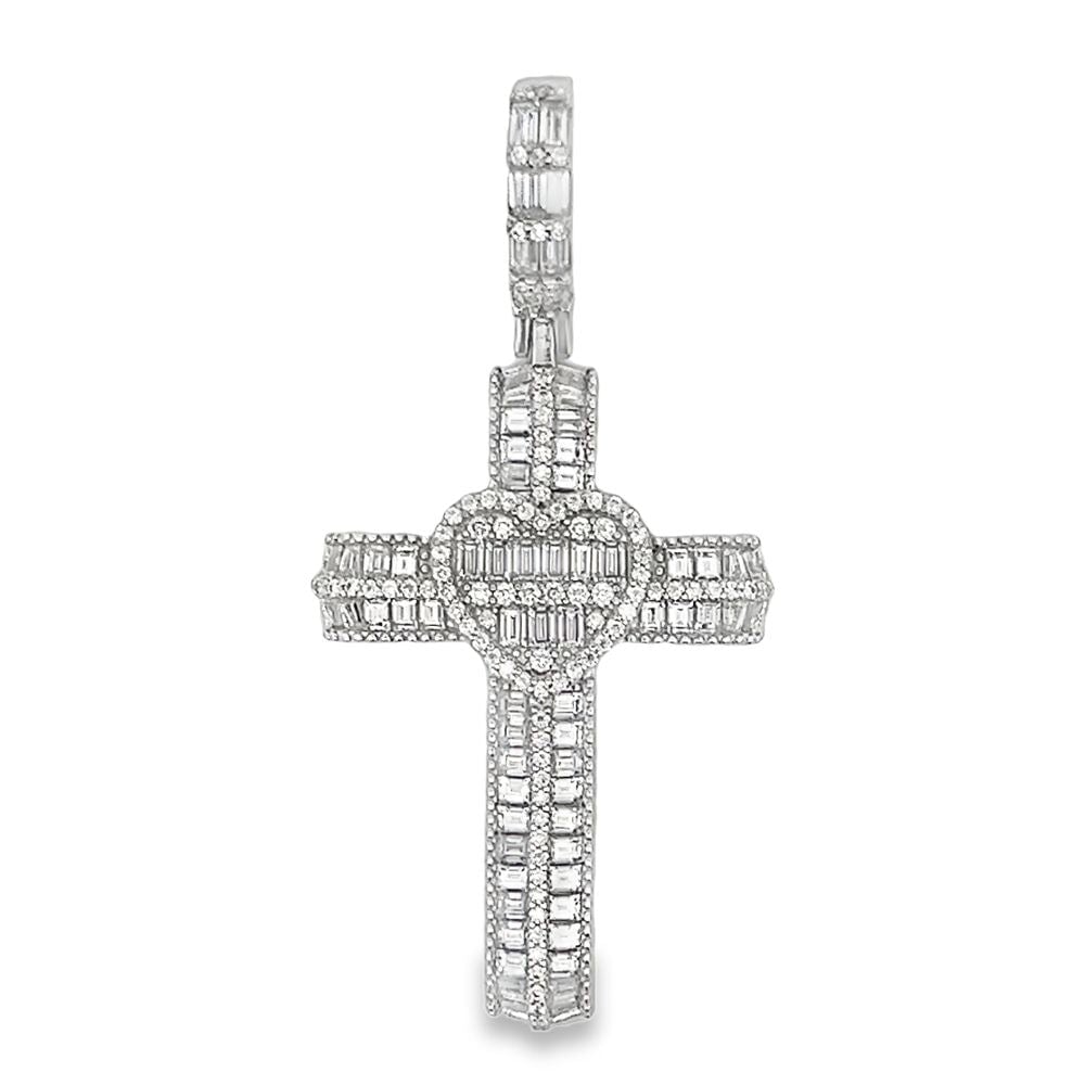 Heart Baguette Cross Iced Out Moissanite Pendant .925 Sterling Silver