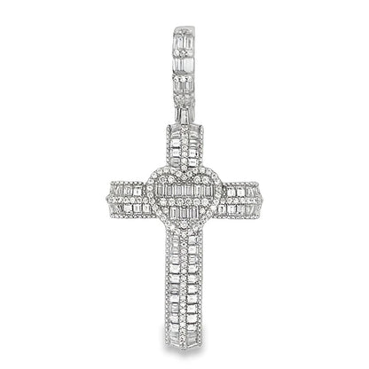 Heart Baguette Cross Iced Out Moissanite Pendant .925 Sterling Silver