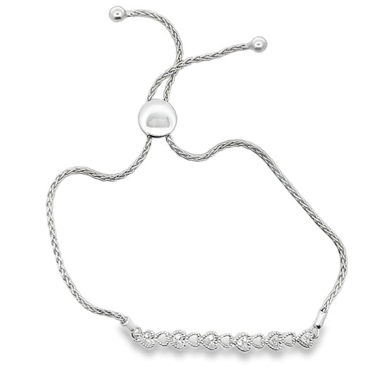 Heart Beaded Link .10cttw Diamond Bolo Bracelet .925 Sterling Silver