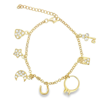Heart Moon & Star Charm Bracelet .925 Sterling Silver