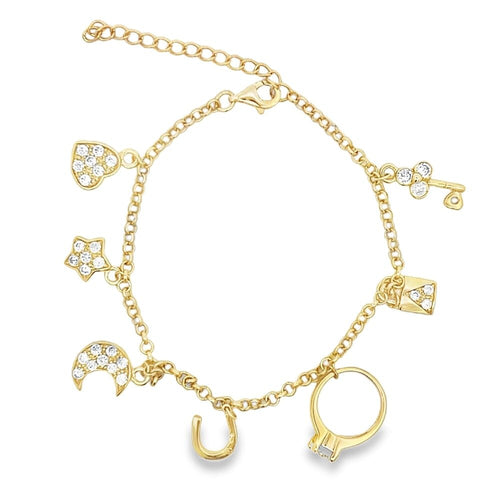 Heart Moon & Star Charm Bracelet .925 Sterling Silver