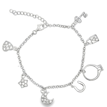 Heart Moon & Star Charm Bracelet .925 Sterling Silver