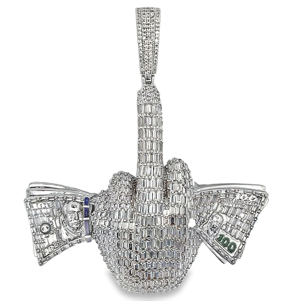 Holding Money Middle Finger Baguette CZ Hip Hop Iced Out Pendant