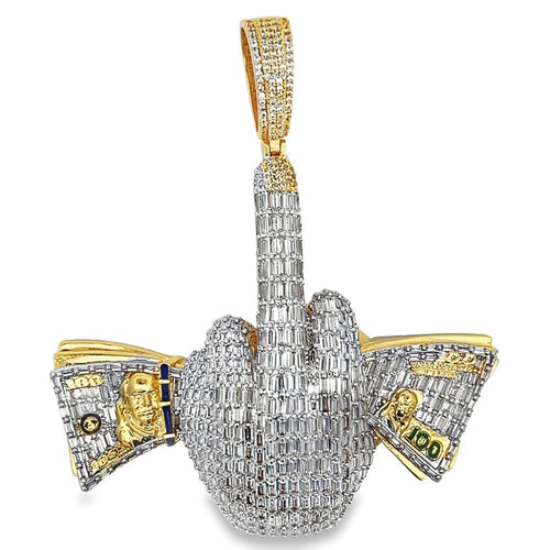 Holding Money Middle Finger Baguette CZ Hip Hop Iced Out Pendant