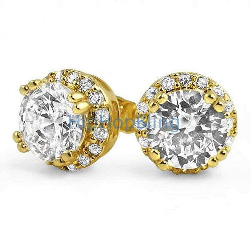 Iced Out Border Solitaire Gold Bling Bling Earrings