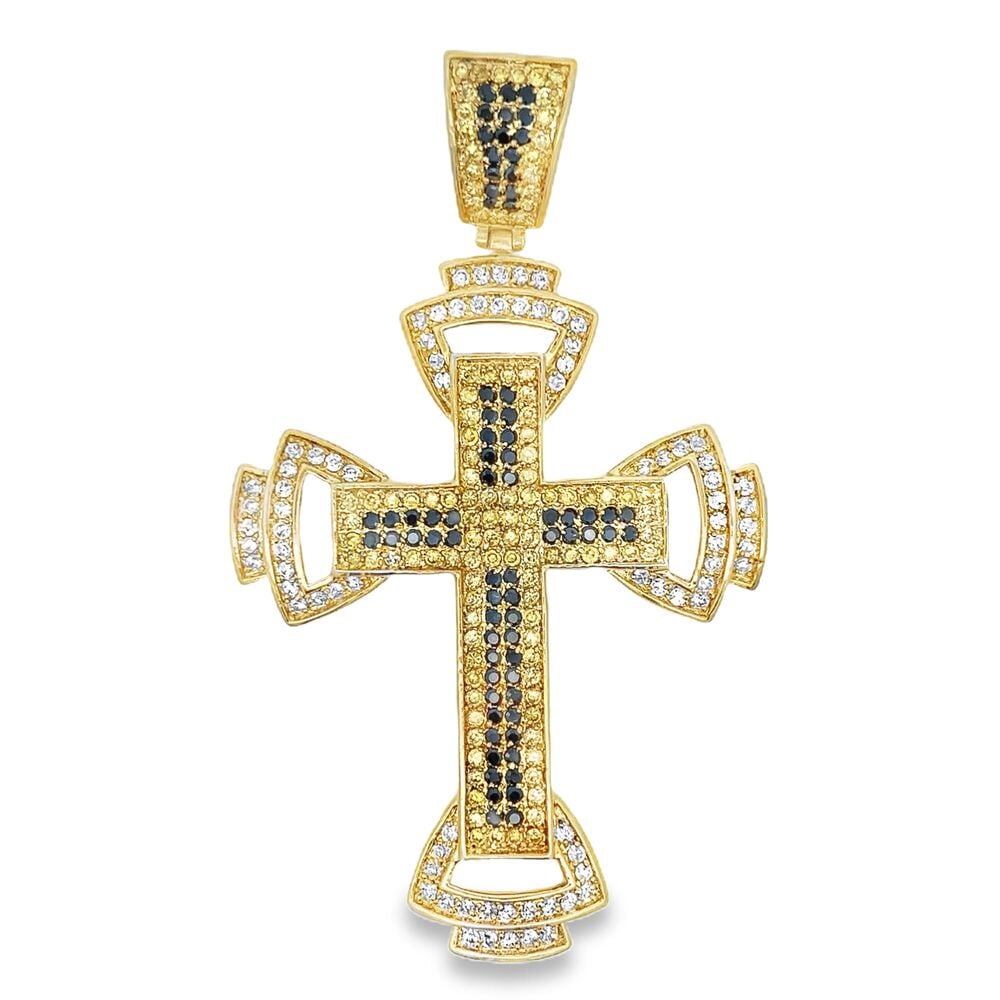 Intricate Black & Yellow CZ Cross Iced Out Pendant