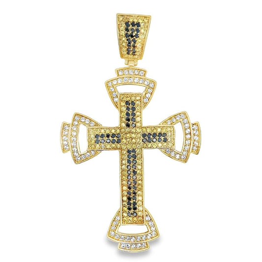 Intricate Black & Yellow CZ Cross Iced Out Pendant