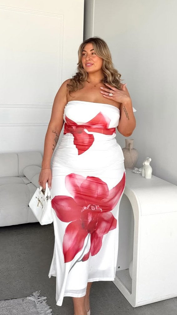 Brittani Strapless Maxi Dress - White/Red