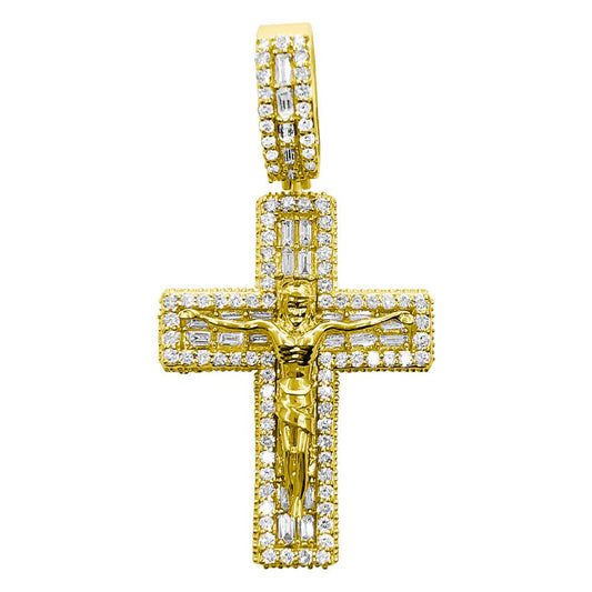 Jesus Crucifix Block Baguette Diamond Pendant 1.40cttw 10K Yellow Gold