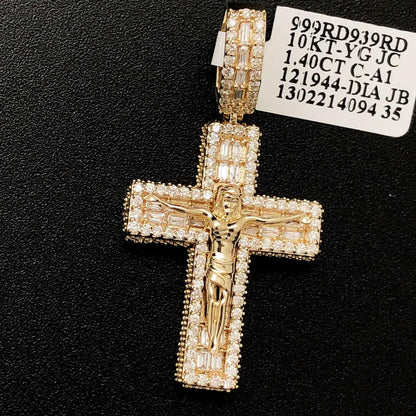 Jesus Crucifix Block Baguette Diamond Pendant 1.40cttw 10K Yellow Gold