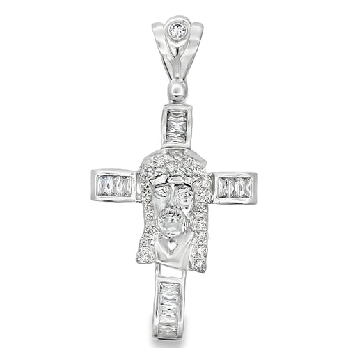 Jesus Face Baguette Cross CZ Pendant .925 Sterling Silver