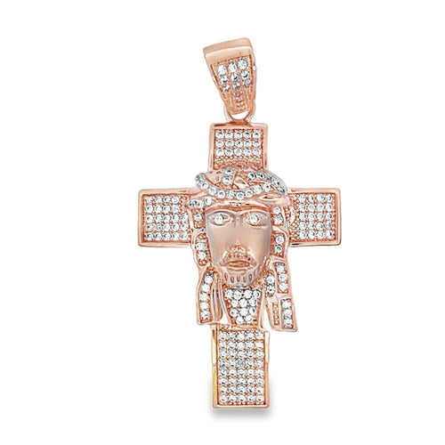 Jesus Face on Cross Rose Gold Pave CZ Iced Out Pendant