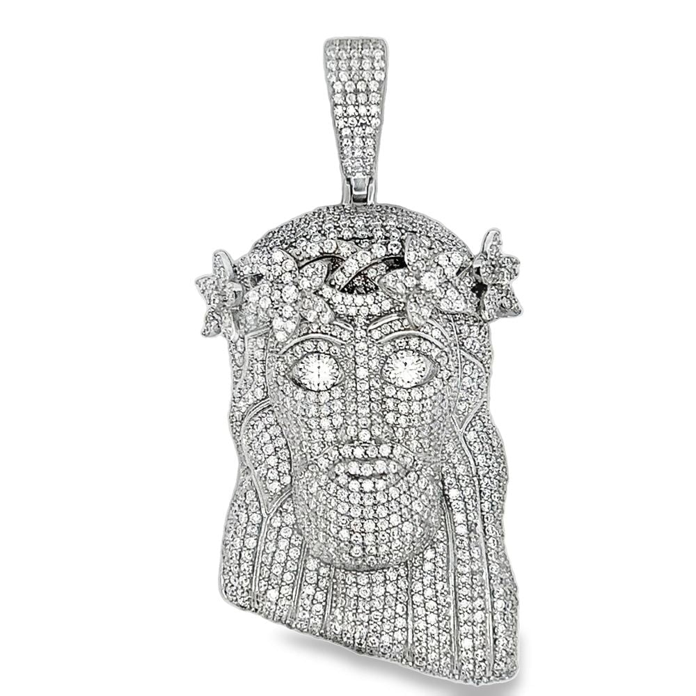 Jesus Flower Crown Iced Out Moissanite Pendant .925 Sterling Silver