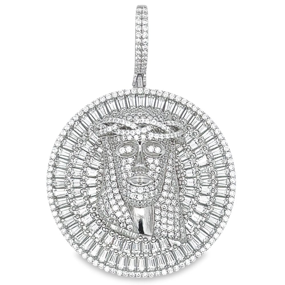 Jesus Medallion Baguette VVS Moissanite Pendant 7.41cttw .925 Sterling Silver