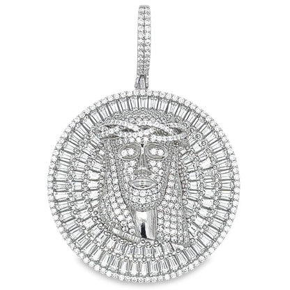 Jesus Medallion Baguette VVS Moissanite Pendant 7.41cttw .925 Sterling Silver