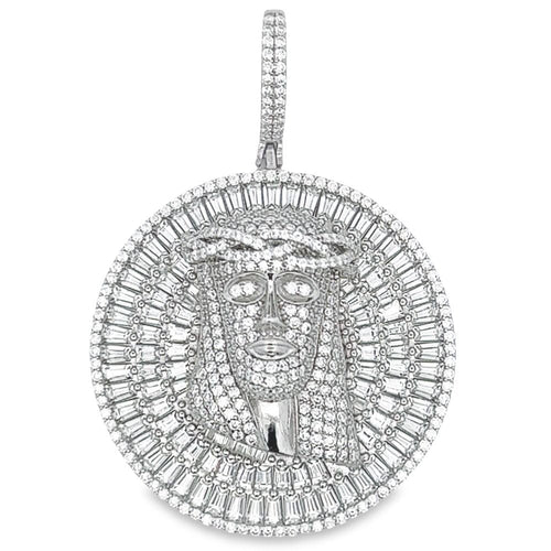 Jesus Medallion Baguette VVS Moissanite Pendant 7.41cttw .925 Sterling Silver