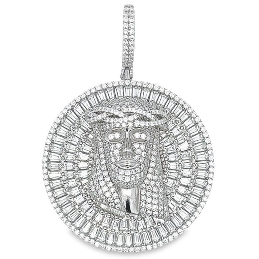 Jesus Medallion Baguette VVS Moissanite Pendant 7.41cttw .925 Sterling Silver