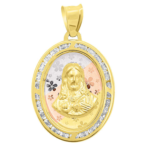 Jesus Oval Charm CZ 3 Tone 10K Gold Pendant