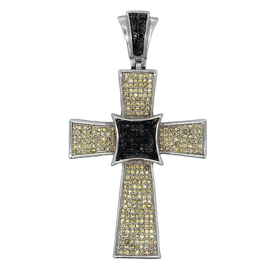 Kite Cross Black & Yellow CZ Iced Out Pendant .925 Sterling Silver