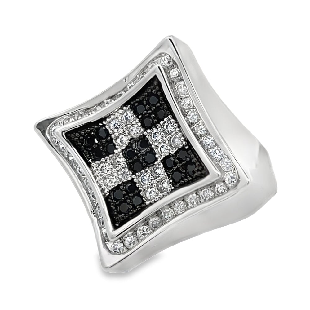 Kite Halo Checker Black & White CZ Ring .925 Sterling Silver