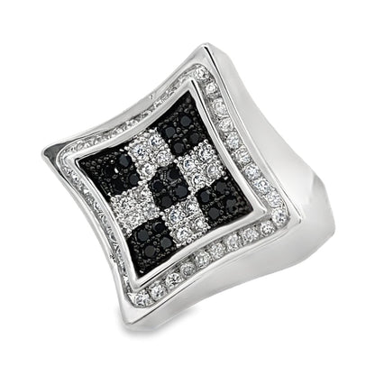 Kite Halo Checker Black & White CZ Ring .925 Sterling Silver