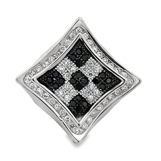 Kite Halo Checker Black & White CZ Ring .925 Sterling Silver