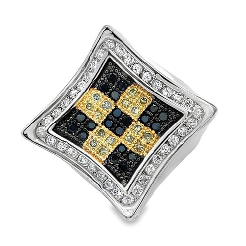 Kite Halo Checker Black & Yellow CZ Ring .925 Sterling Silver