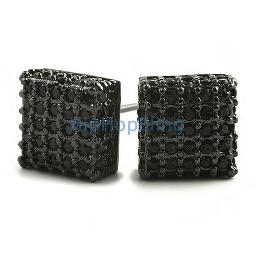Large 3D Box Black CZ Iced Out Earrings