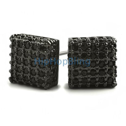 Large 3D Box Black CZ Iced Out Earrings