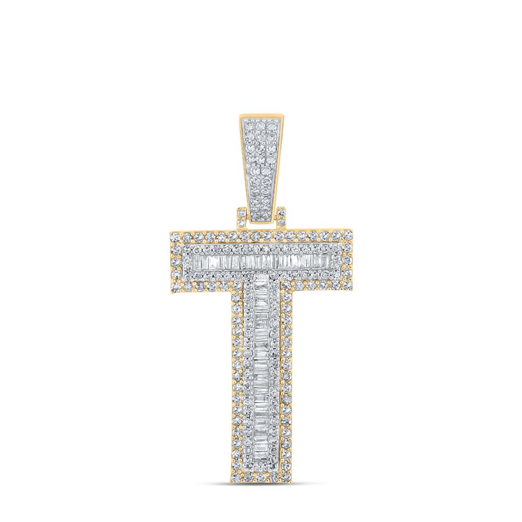 Large 45MM A-Z Initial Letter Baguette Diamond Pendant 10K Yellow Gold