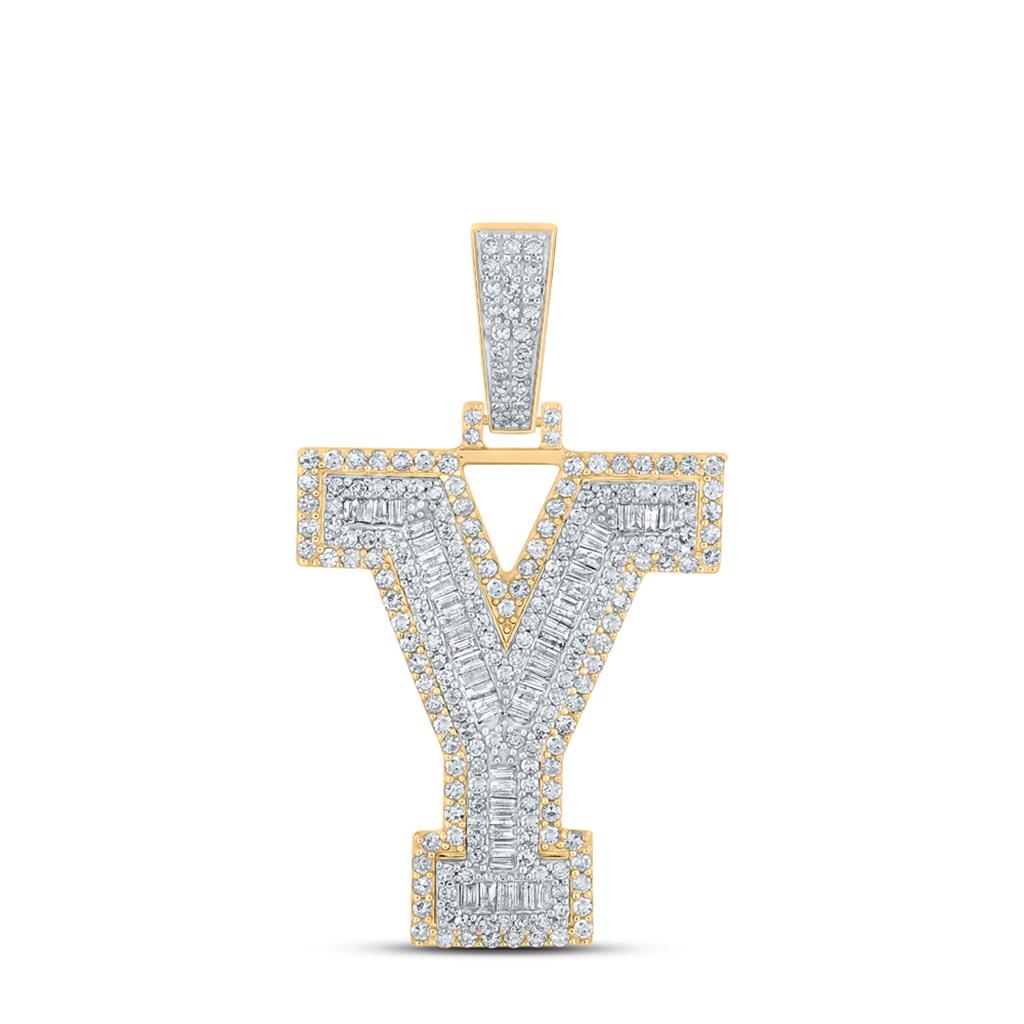 Large 45MM A-Z Initial Letter Baguette Diamond Pendant 10K Yellow Gold