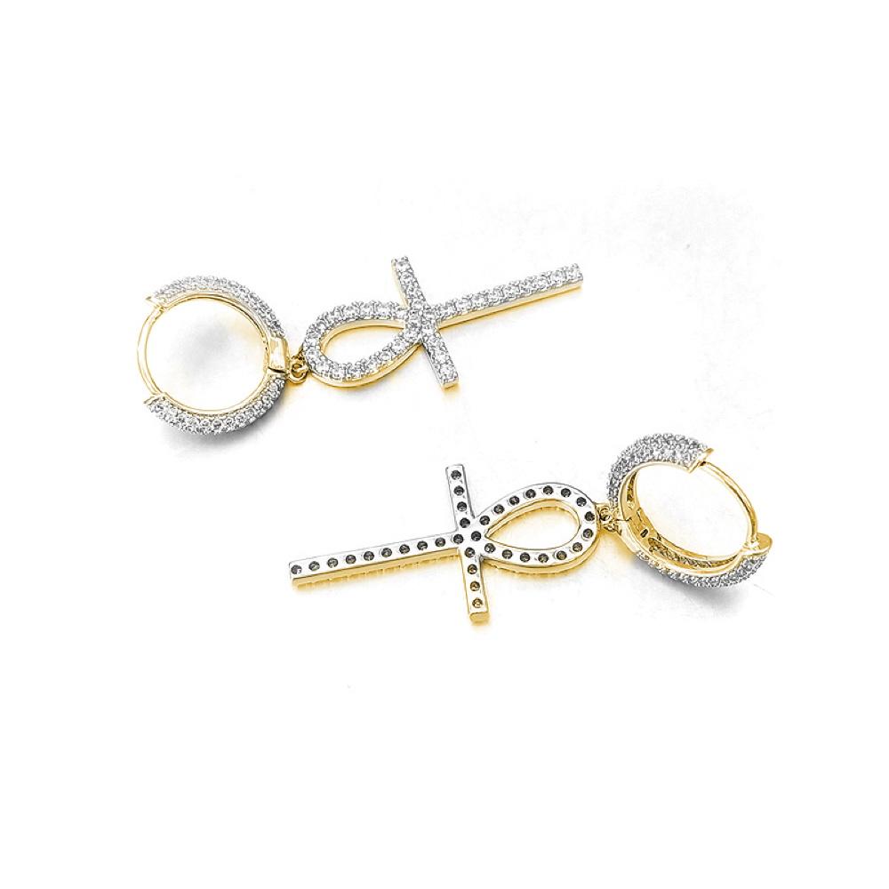 Large Ankh Tennis Cross Dangling Huggie Hoop Iced Out Earrings .925 Silver