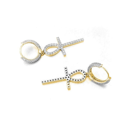 Large Ankh Tennis Cross Dangling Huggie Hoop Iced Out Earrings .925 Silver