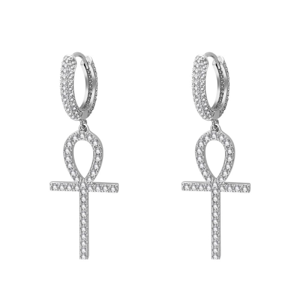 Large Ankh Tennis Cross Dangling Huggie Hoop Iced Out Earrings .925 Silver